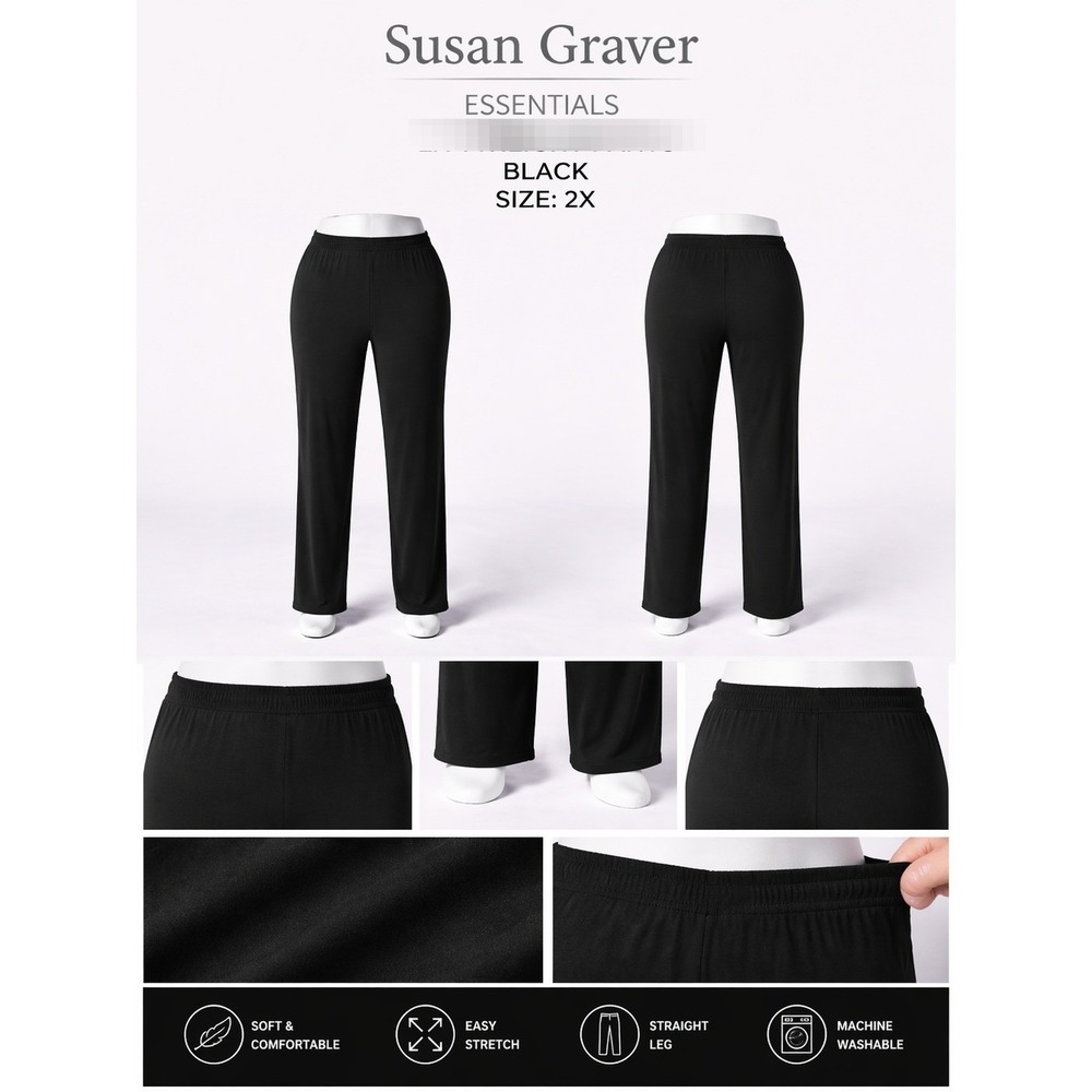 Susan Graver Essentials 2X Plus Black Liquid Knit Straight Leg Pants‎ A228083
